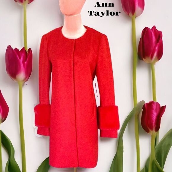 ANN TAYLOR FACTORY RED COAT JACKET FAUX FUR SLEEVES SMALL - Picture 1 of 9